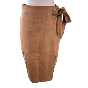 Express Faux Suede Wrap Skirt Size 8 Brown Tie Waist Midi Pencil